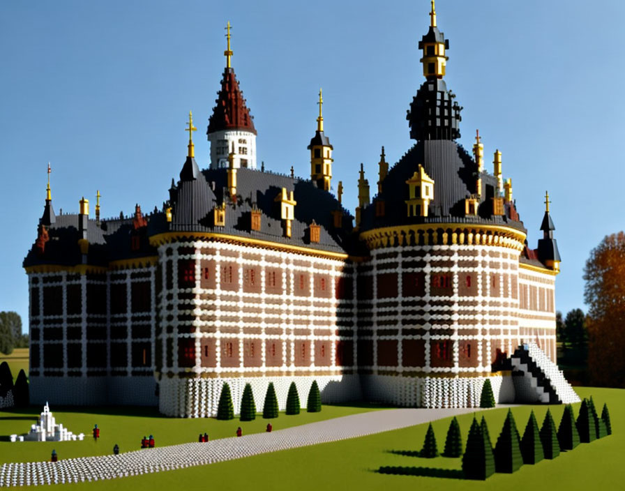 Intricate plastic brick castle with spires on grassy base