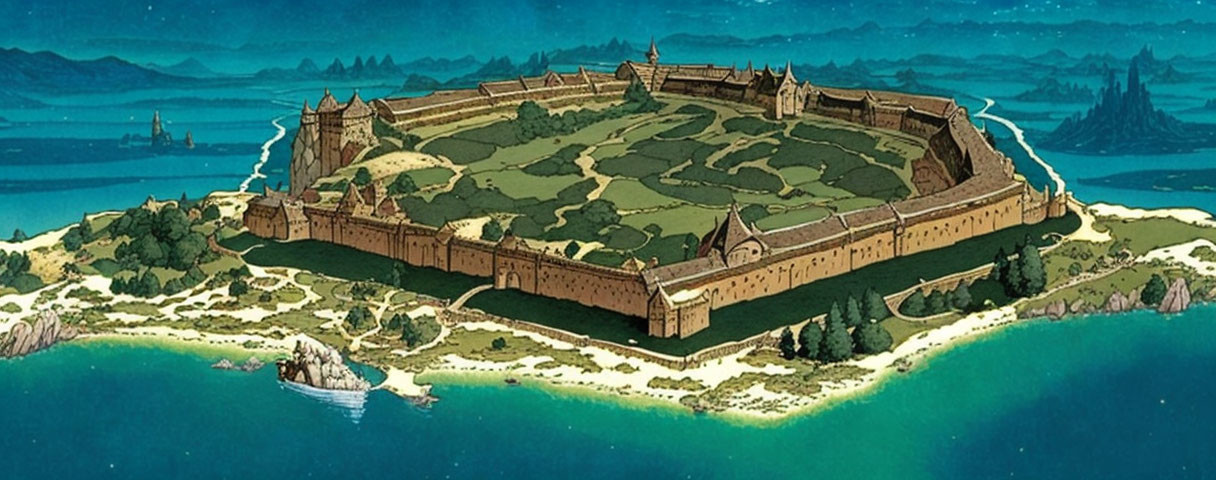 Illustrated medieval fortress on coastal islet with green fields and massive stone walls by blue sea