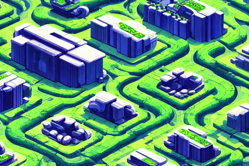 Stylized futuristic cityscape with green rooftops and abstract buildings