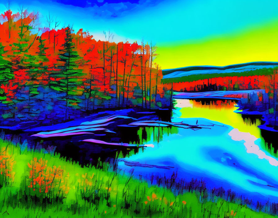 Colorful Digital Art: Scenic Landscape with Trees, River, and Sunset Sky