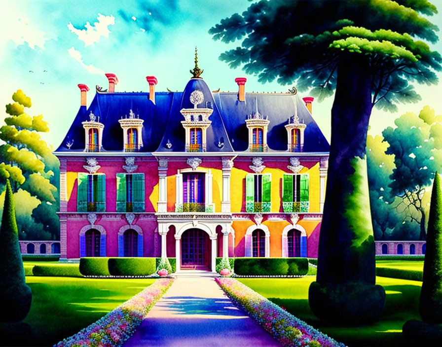 Colorful Mansion Illustration with Symmetrical Garden and Tall Trees