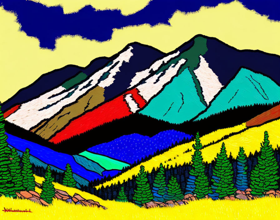 Colorful mountain range painting with bold outlines and bright sky