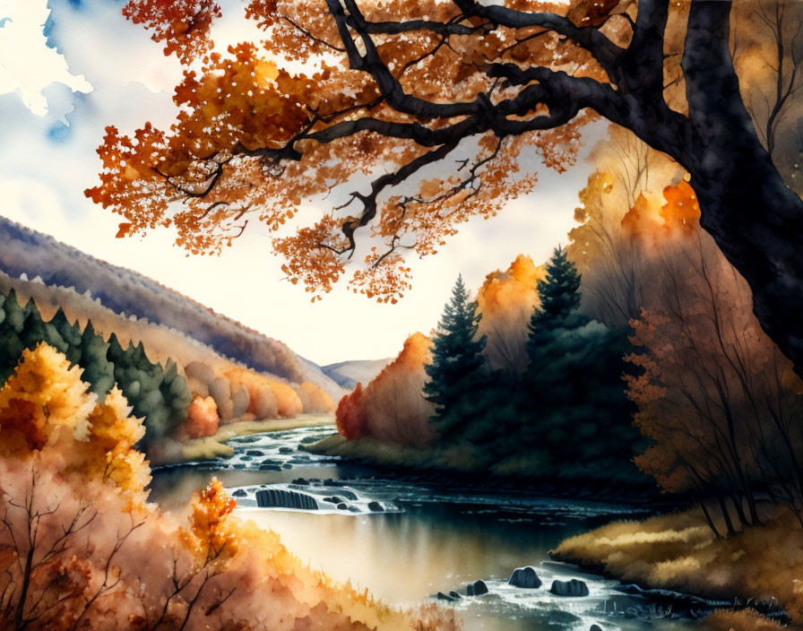 Tranquil autumn river scene with colorful foliage