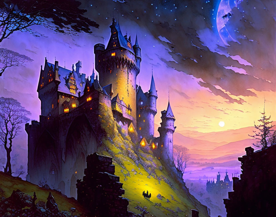 Castle with multiple towers on cliff under twilight sky with large moon and glowing windows