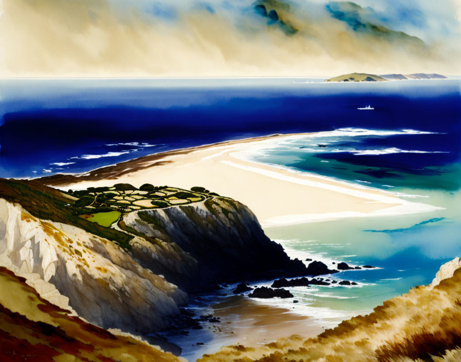 Coastal landscape painting: cliffs, beach, blue sea, hazy sky, islands