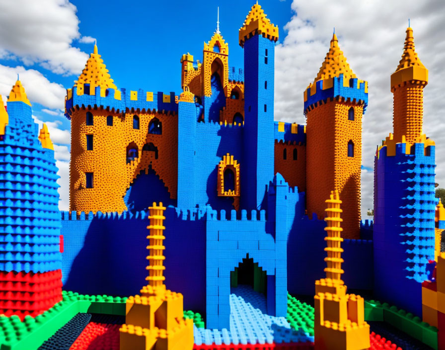 Colorful building block castle on blue sky backdrop