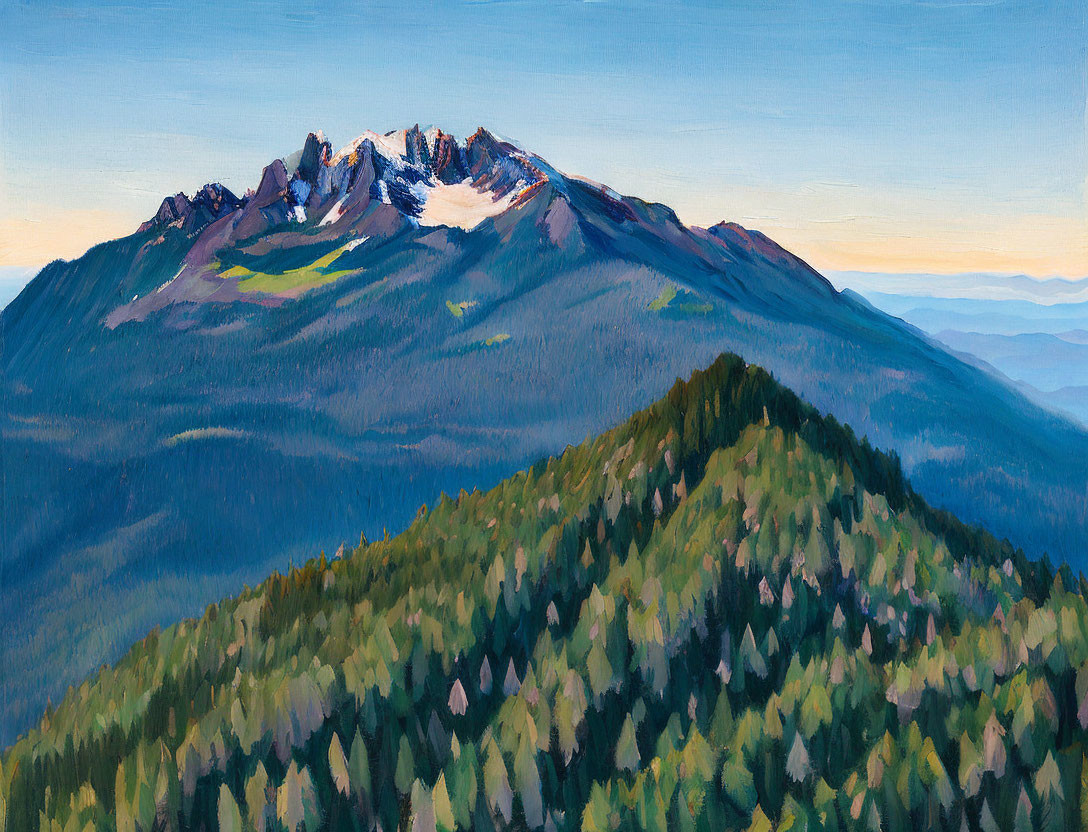 Panoramic oil painting of forested hills and snow-capped mountain