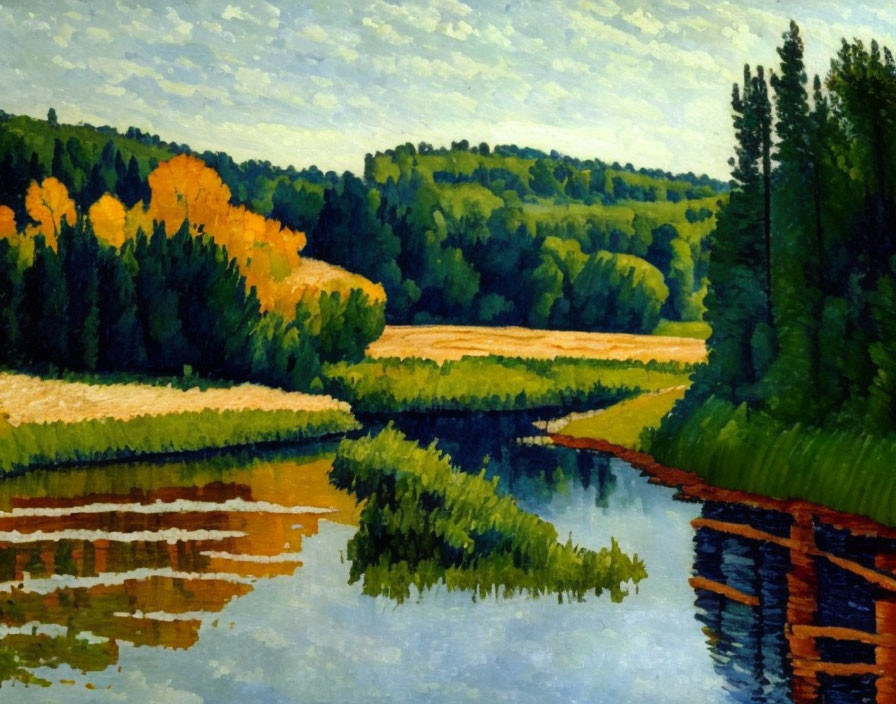 Impressionist-style painting of serene river landscape