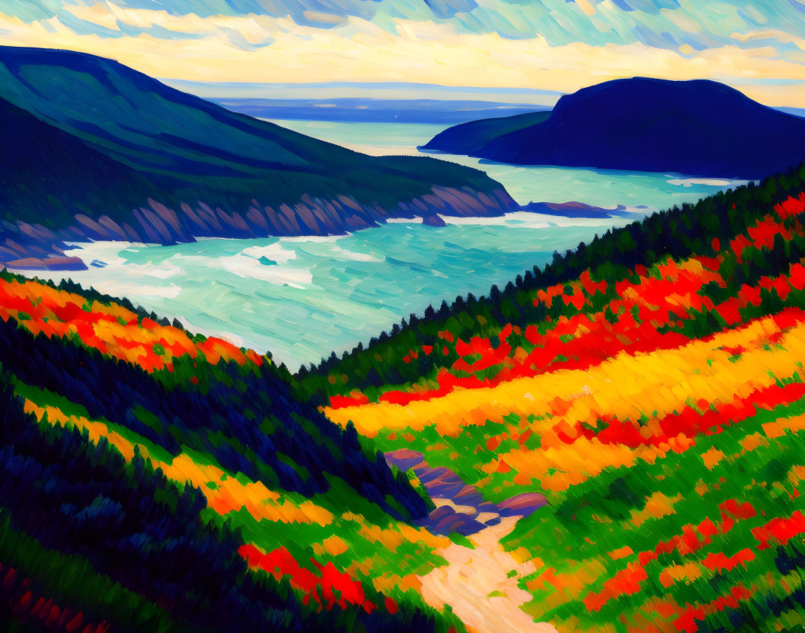 Colorful Coastal Landscape Painting with Lush Foliage, Turquoise Sea, and Steep Cl