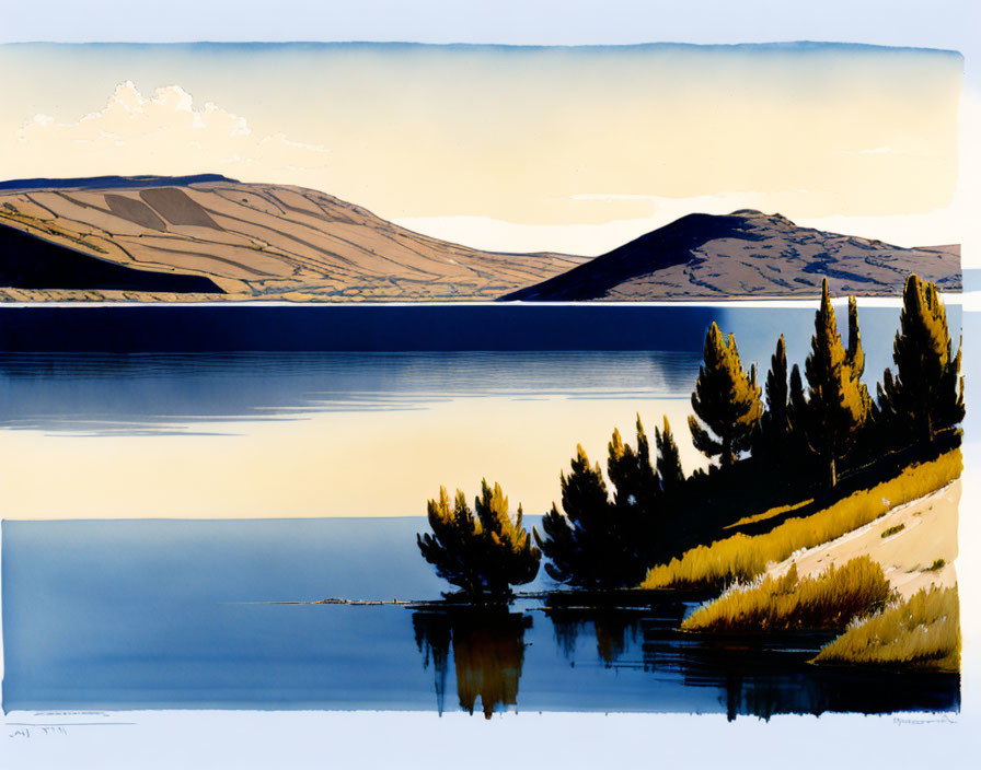 Tranquil lake landscape with rolling hills, trees, and grasses in warm and cool colors