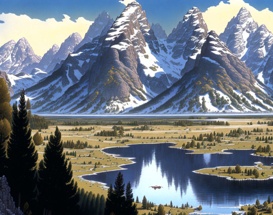 Snow-capped mountains, reflective lake, forests, rivers in serene landscape