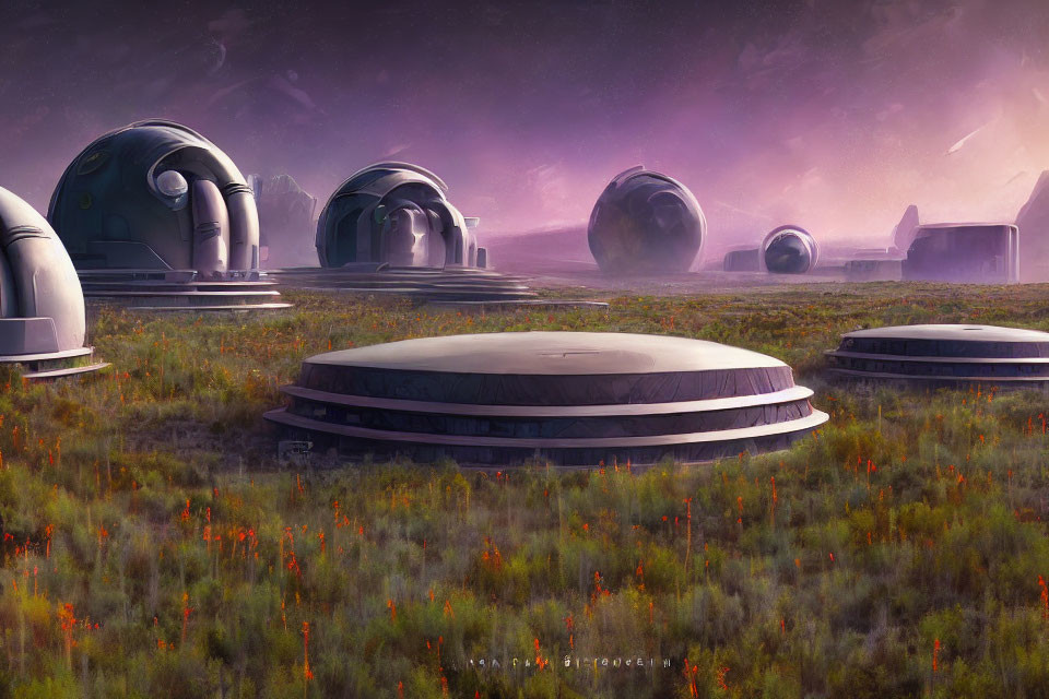 Futuristic domed structures in purple alien landscape with orange flora.