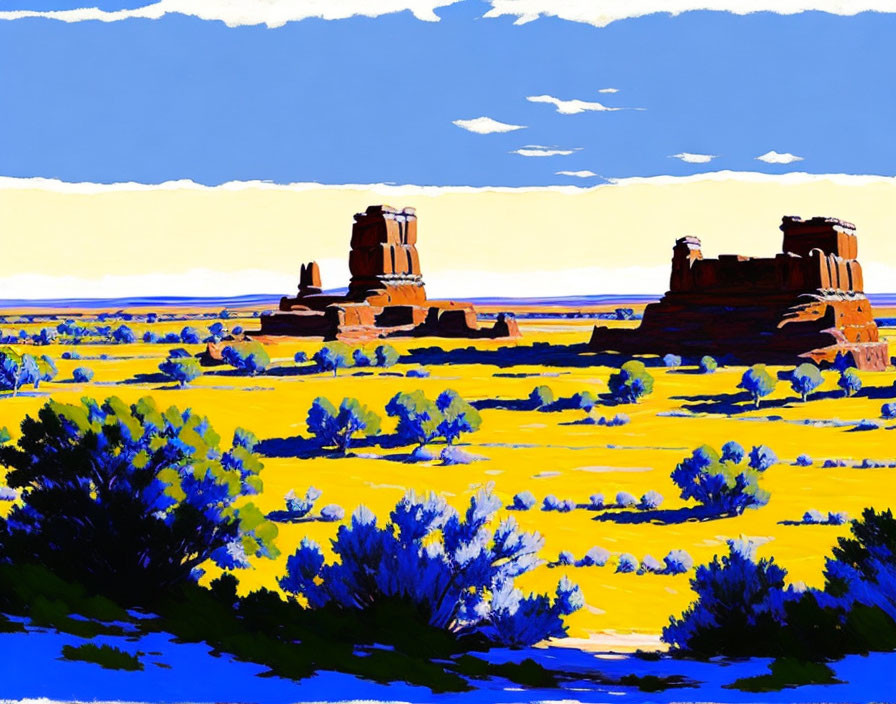 Colorful desert landscape with buttes under blue sky and yellow grasses.