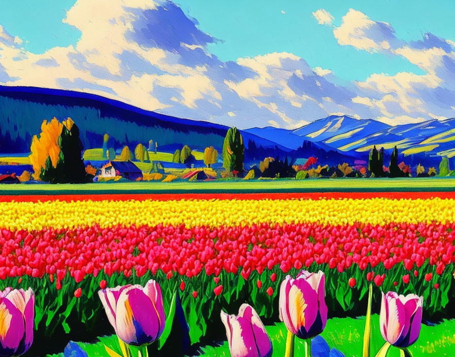 Colorful Tulip Field Painting with Farmhouse and Rolling Hills