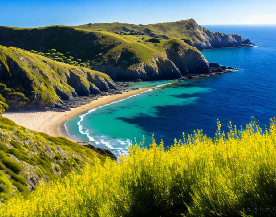 Tranquil coastal scene with sandy beach, turquoise waters, green hills, and yellow wildflowers