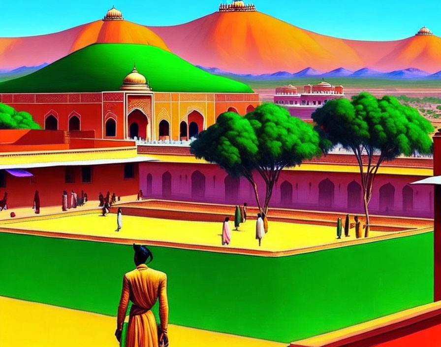 Traditional palace courtyard with people, green trees, and orange dunes under blue sky