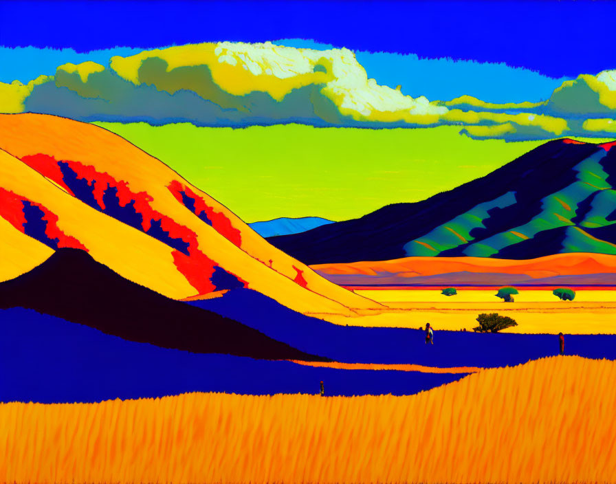 Colorful expressionistic landscape with rolling hills, bright sky, and sparse trees