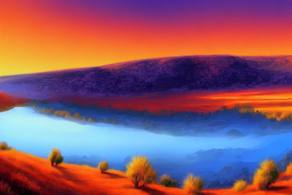 Colorful sunset landscape painting with orange, purple skies, dark hill silhouette, misty blue valley,