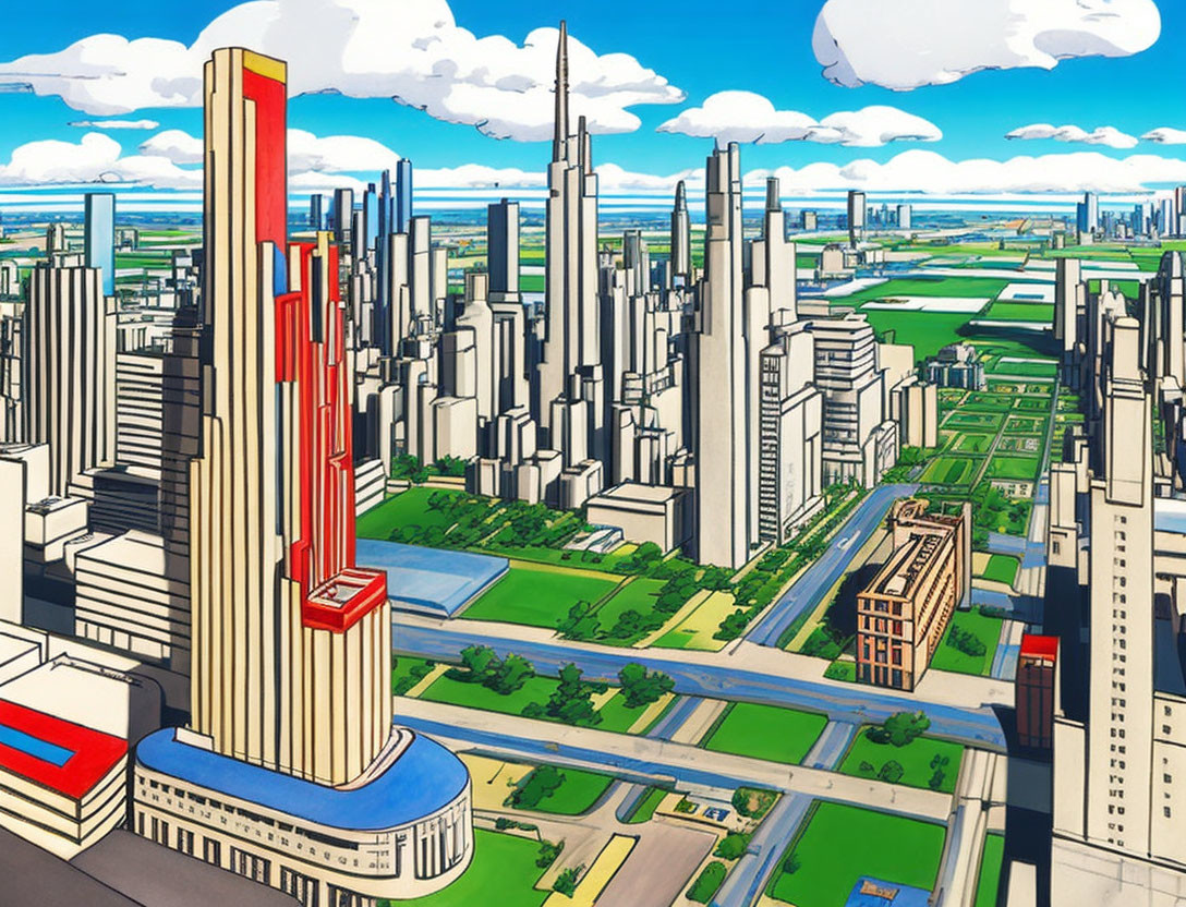 Vibrant futuristic cityscape with skyscrapers and green spaces