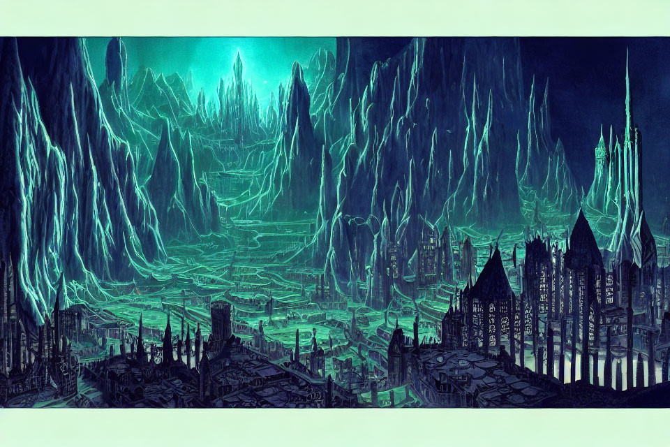 Fantastical cityscape with towering spires and glowing crystalline formations