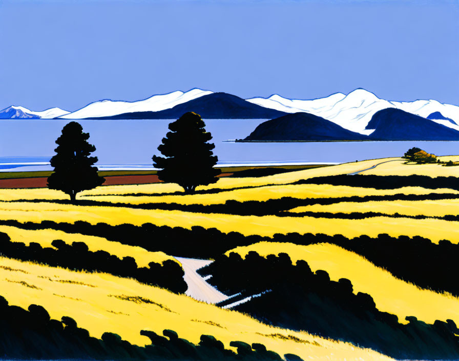 Bold Yellow Fields and Dark Green Trees in Stylized Landscape Painting