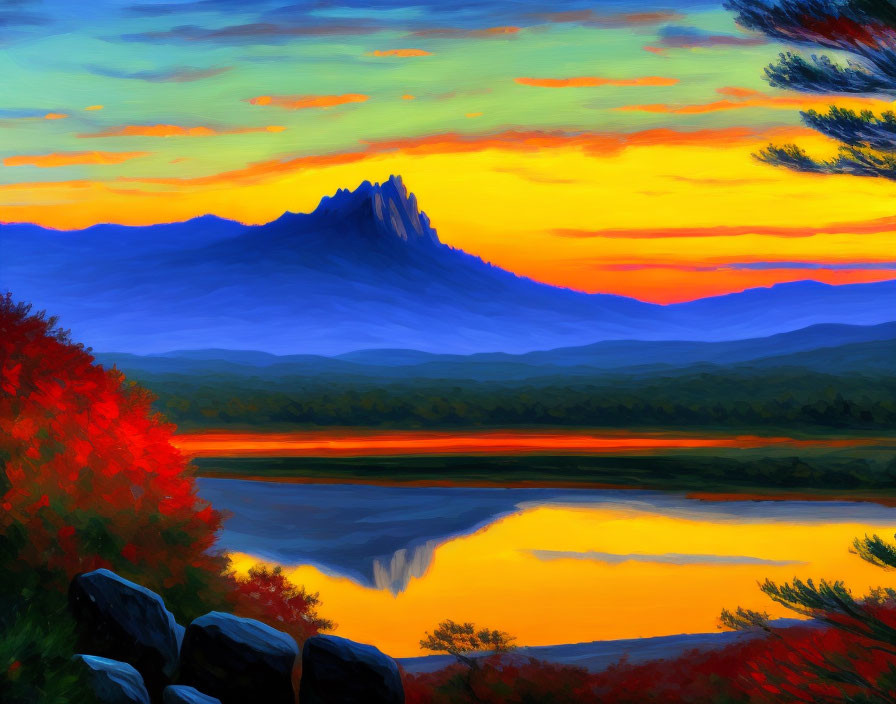 Colorful sunset painting of mountain peak, lake reflection, autumn foliage