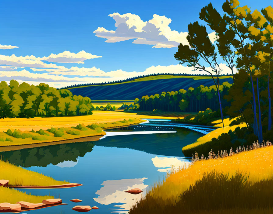 Tranquil river landscape with footbridge, rolling hills, and blue sky