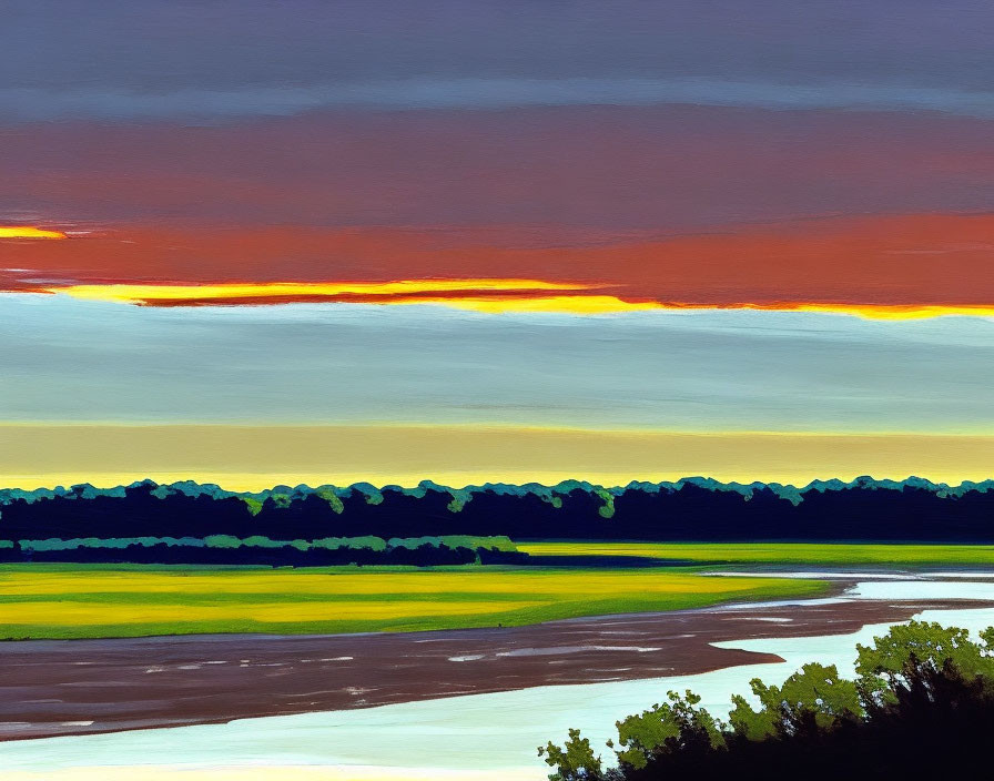 Colorful Sunrise Painting Over Dark Tree Line and Riverbank