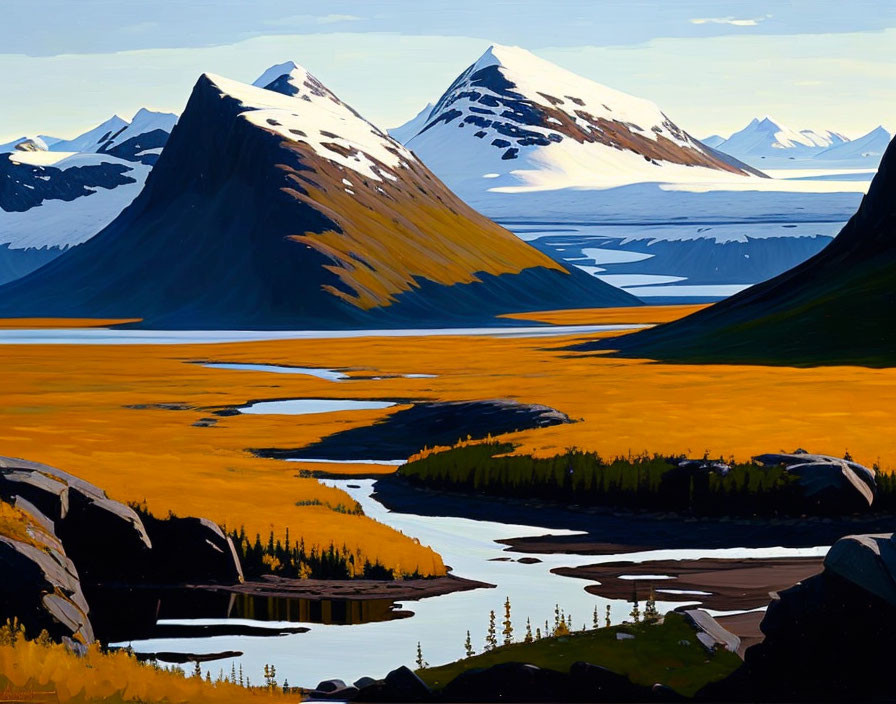 Vivid landscape painting: Yellow fields, river, snow-capped mountains