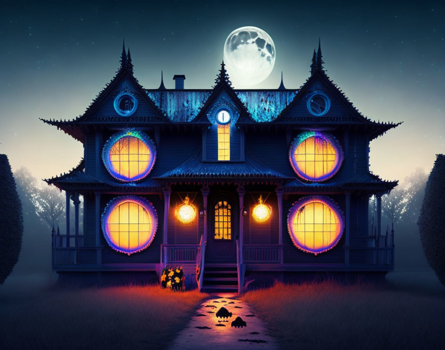 Victorian-style house with illuminated windows and full moon at night