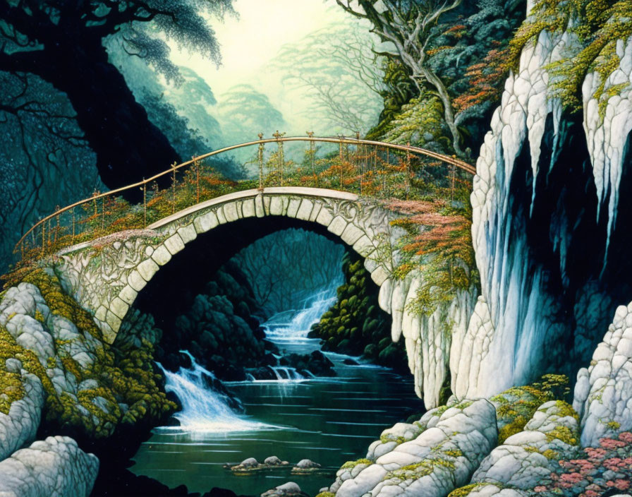 Tranquil stream with waterfall under arched stone bridge