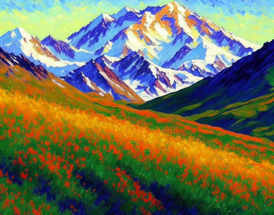 Colorful Meadow with Red and Orange Flowers & Snow-Capped Mountains