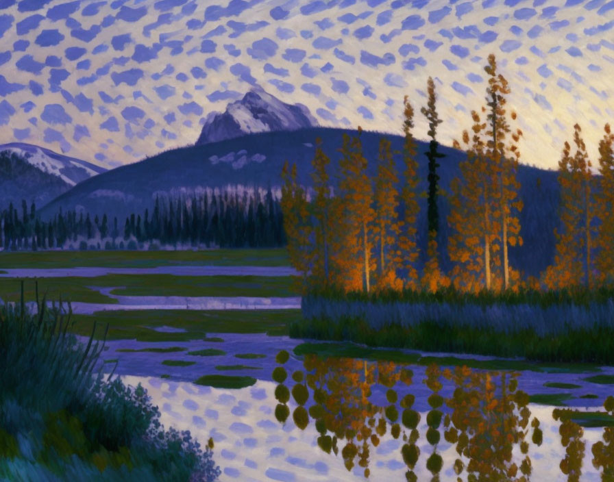 Wilderness scene painting: vibrant colors, reflective water, trees, mountain backdrop, twilight sky.