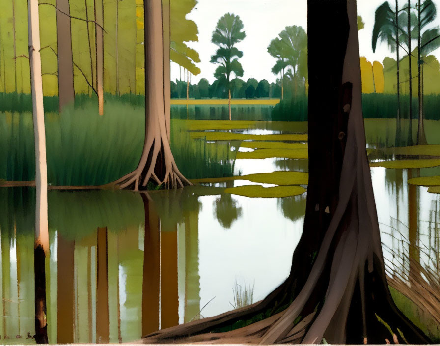 Tranquil swamp landscape with reflective water and green trees