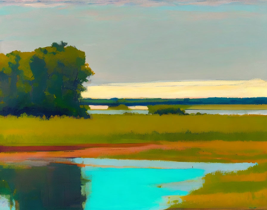 Tranquil landscape painting: tree line, calm lake, soft sky