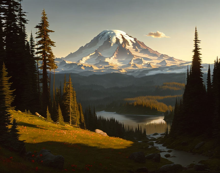 Majestic snow-capped mountain at sunset with forest, lake, and wildflowers