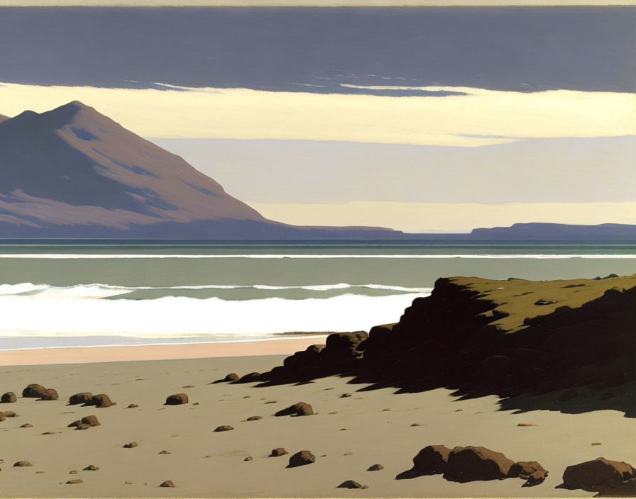 Tranquil beach scene with rocky outcrop and distant mountains