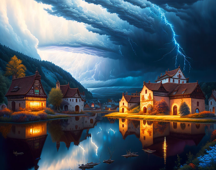 Scenic village with illuminated buildings under dramatic night sky