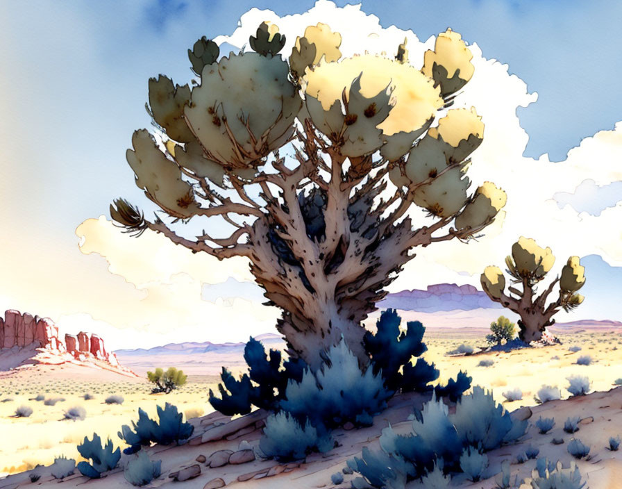 Vibrant desert landscape with Joshua trees and rock formations