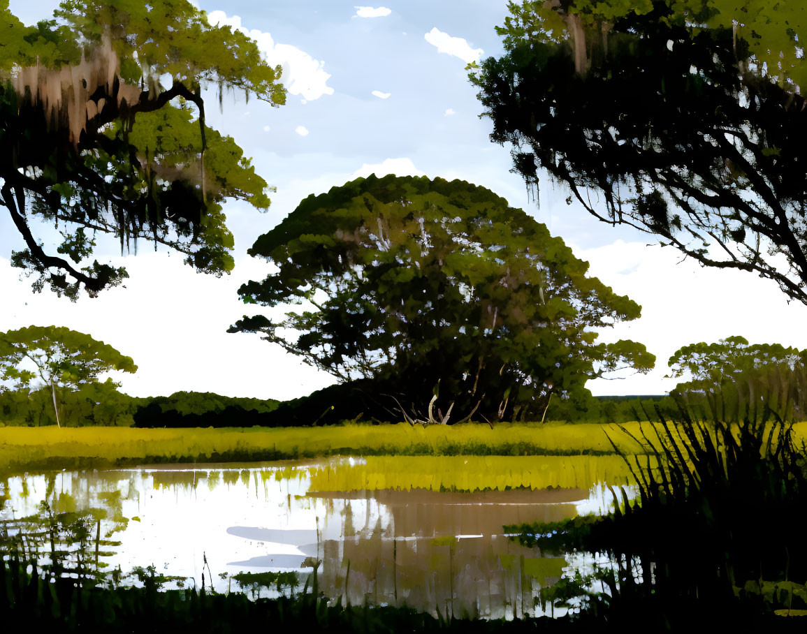 Serene landscape with lush tree by tranquil pond