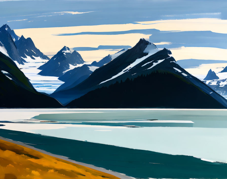 Serene mountain landscape painting with glacier and calm water