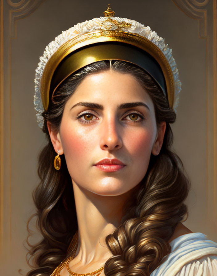 Detailed digital portrait of a woman with golden headband on beige background