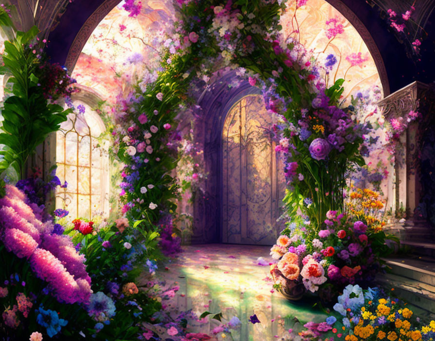 Colorful illustration of flower-filled interior with stained-glass windows