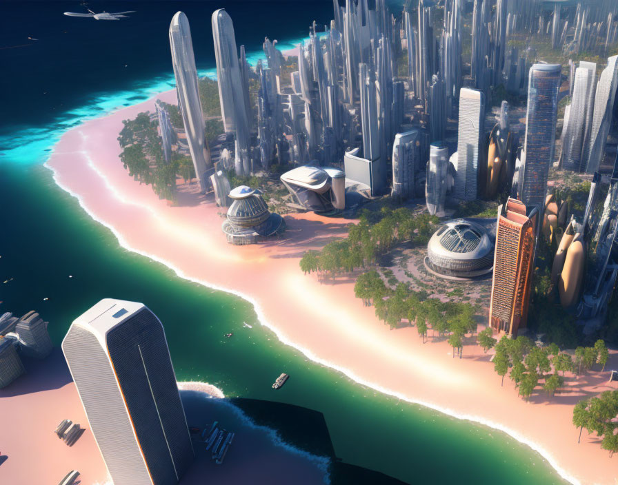 Tropical beach cityscape with towering skyscrapers and clear blue waters