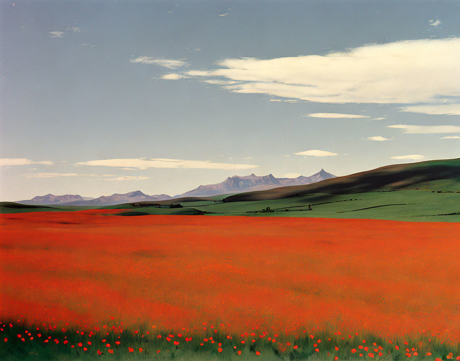 Vibrant landscape painting: red flowers, green hills, sharp mountains, blue sky