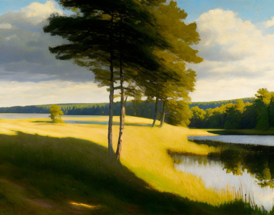 Tranquil landscape with tall trees, serene lake, and lush meadow