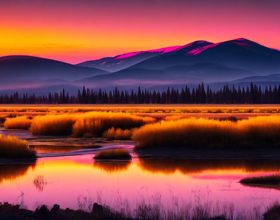 Scenic sunrise over serene lake with mountains and colorful vegetation