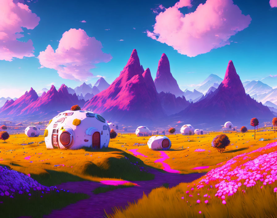 Futuristic alien landscape with domed structures, purple flowers, pink rivers, and spiky