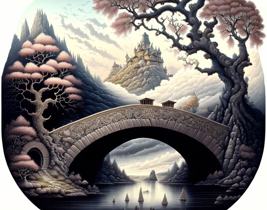 Surreal landscape with stone bridge, cherry blossoms, mountains, castle, clouds, boats