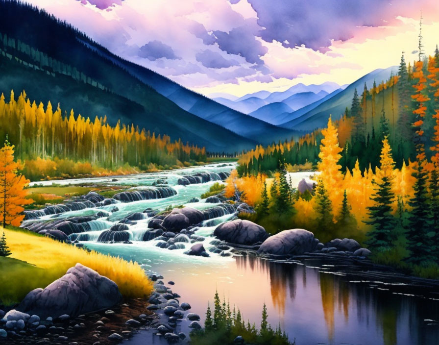 Scenic river painting in autumnal forest with waterfalls & mountains